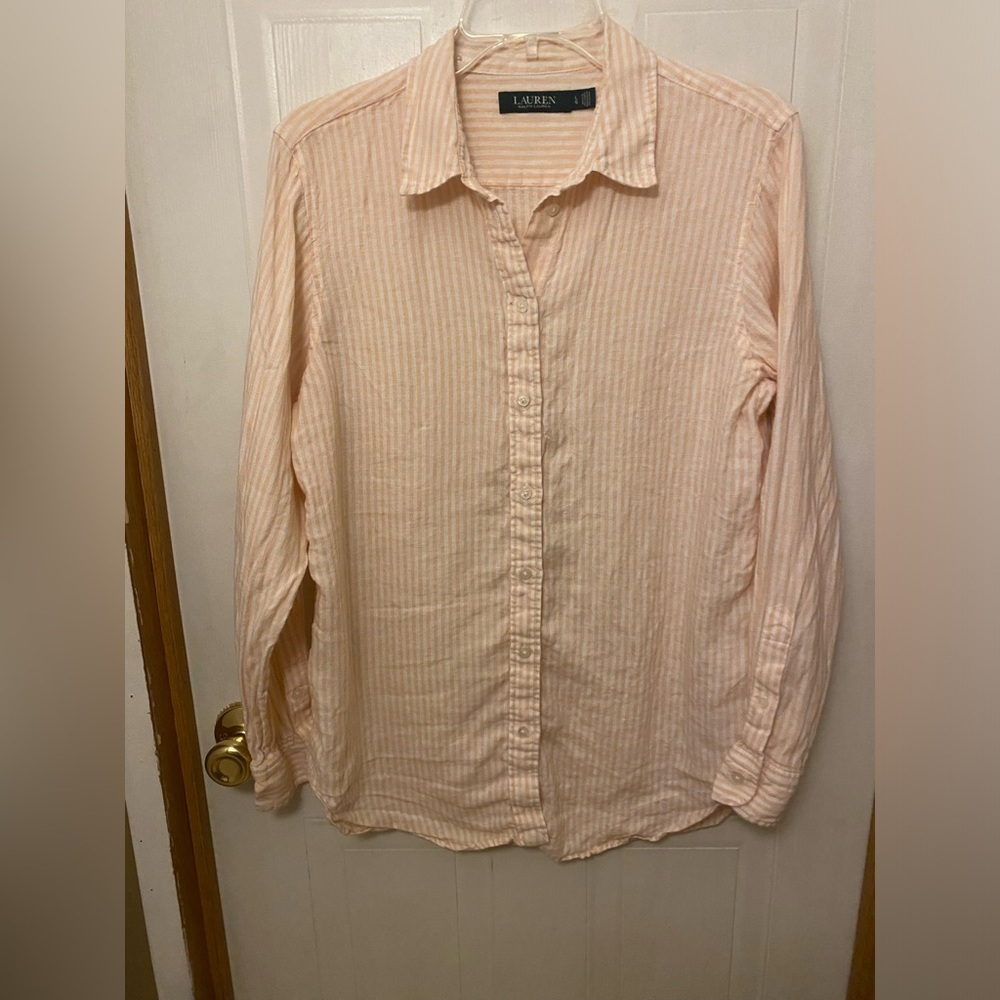 Lauren Ralph Lauren Peach Striped Linen Shirt L - Picture 3 of 9
